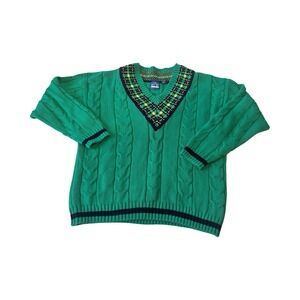 EP Pro Mens Green Cable Knit V-Neck Golf Sweater Plaid Trim Vintage‎ Size M
